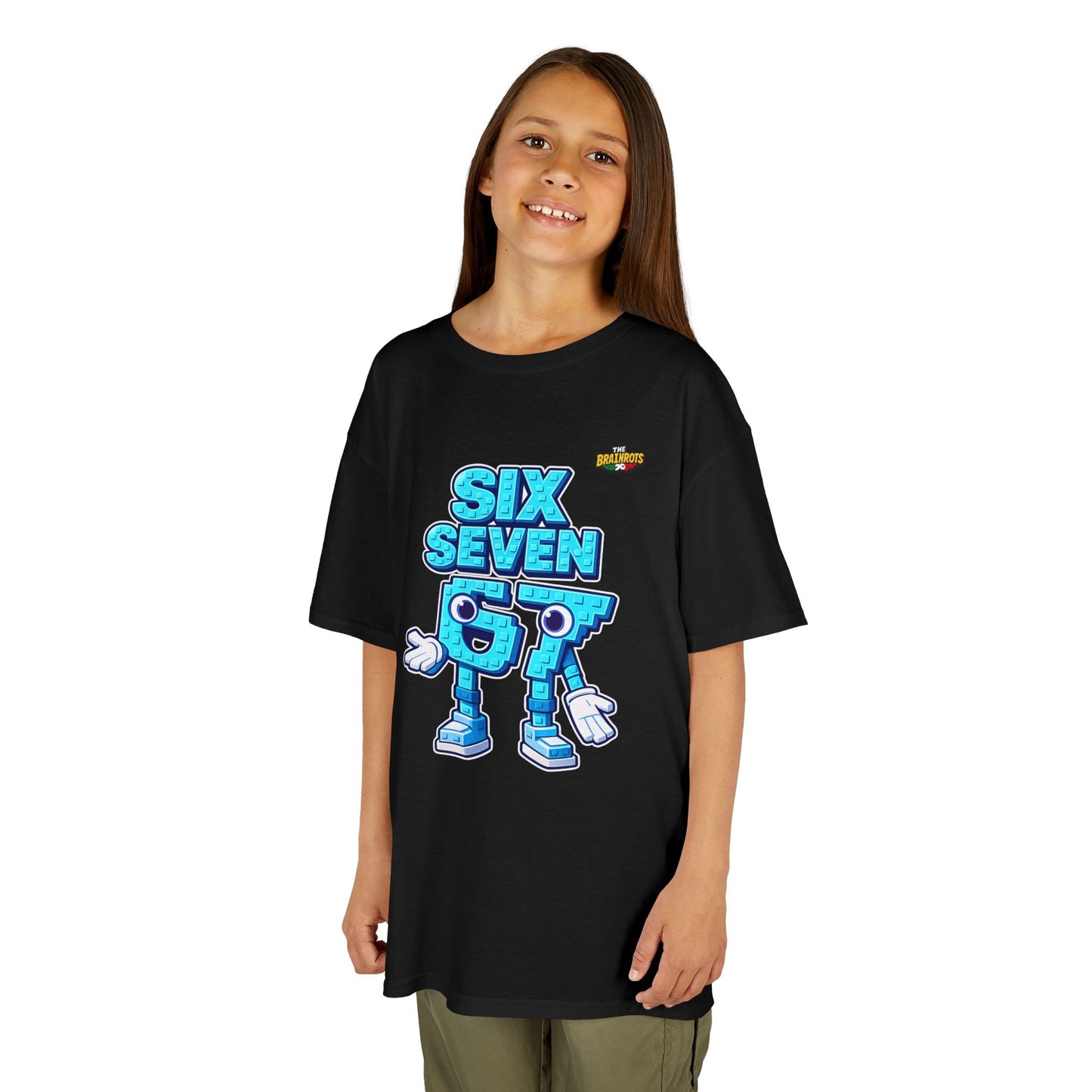 T-Shirt Bambini Collezione The Brainrots 67 Six Seven #2 - Kids Tee — Playful Blue Cartoon '97' Character Graphic