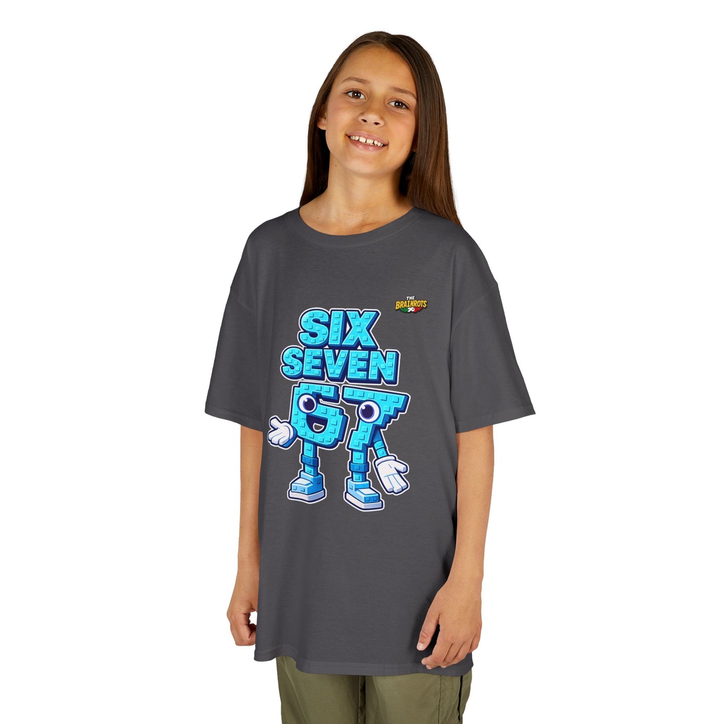 T-Shirt Bambini Collezione The Brainrots 67 Six Seven #2 - Kids Tee — Playful Blue Cartoon '97' Character Graphic